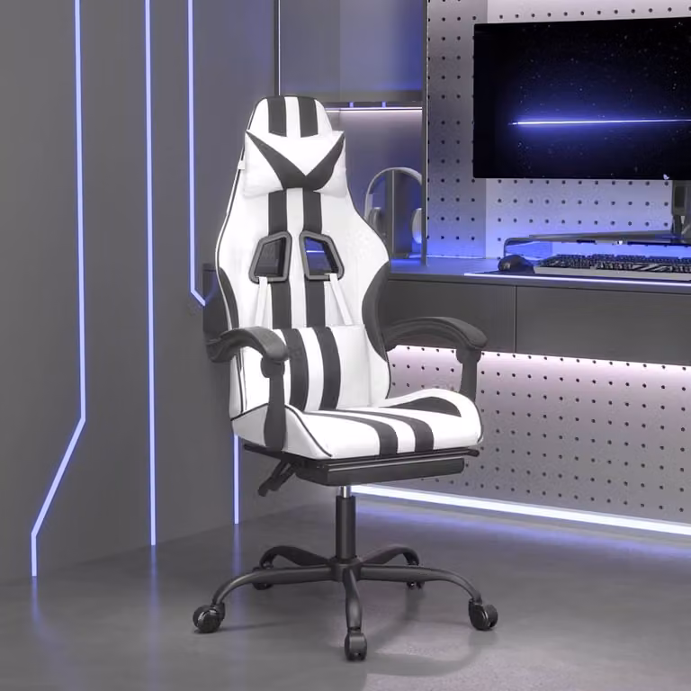 Sedia da Gaming Girevole vidaXL in Similpelle Bianco e Nero con Poggiapiedi e Braccioli