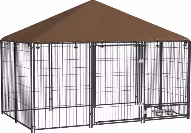 PawHut Recinto per Cani con Porticina per Ciotole in Metallo e Tessuto Oxford, L/P/H: 211 x 141 x 151 cm, Nero e Marrone