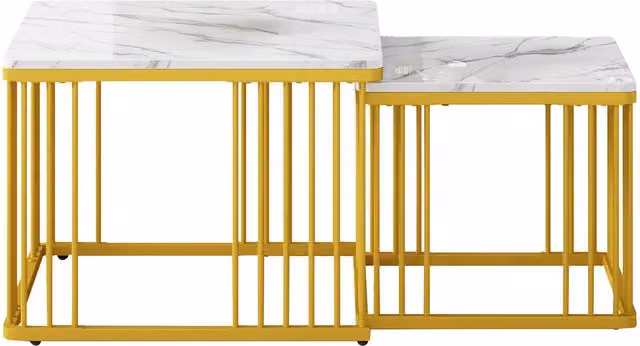 Set di 2 tavolini da salotto quadrati moderni in MDF laminato lucido, colore bianco e oro, con piedini regolabili in altezza, L/P/H: 60 x 60 x 45 cm e 45 x 45 x 40 cm