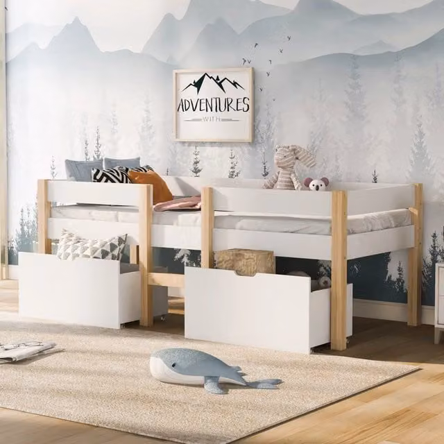 Letto semi-alto per bambini WISHDOR in pino massello e MDF con cassetti e protezione anticaduta, bianco, L/P/H: 190 x 90 x 120 cm