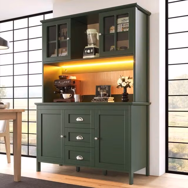 Mobile colonna da cucina Mivray in MDF verde opaco con cassetti, ante in vetro e illuminazione integrata L/P/H: 120 x 40 x 179 cm