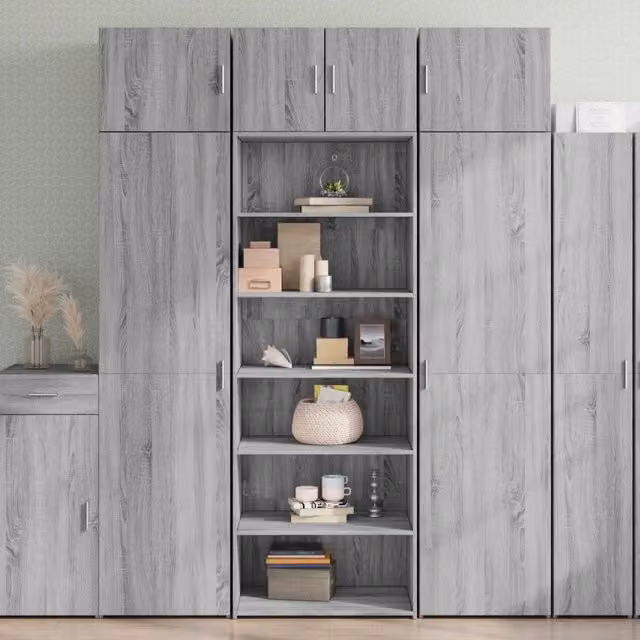 Credenza Buffet Armadio da Cucina e Soggiorno Design Mania Grigio Sonoma con Ante Scorrevoli e Ripiani Aperti L/P/H: 70 x 41 x 185 cm