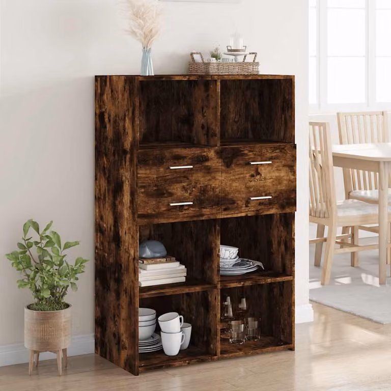 Credenza moderna vidaXL in legno multistrato color rovere fumo L: 80 cm, P: 42,5 cm, H: 124 cm
