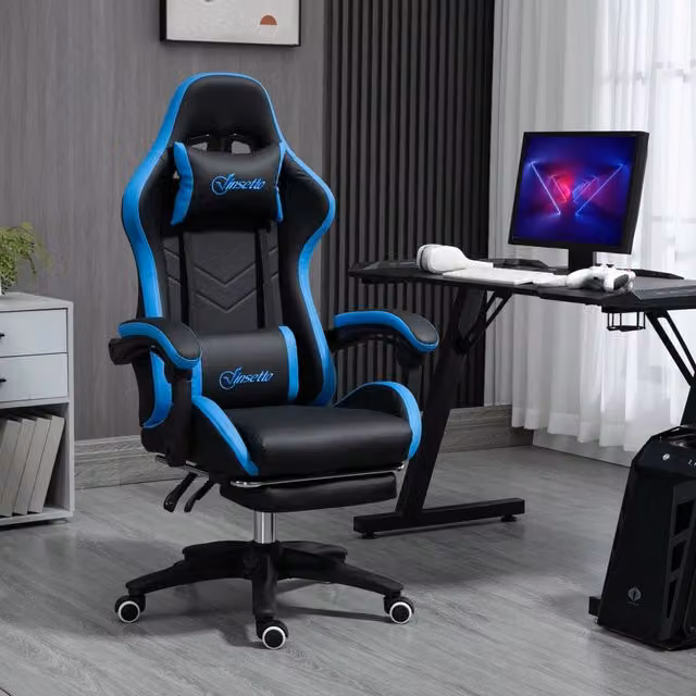Sedia gaming WISHDOR nera con poggiapiedi, supporto lombare e poggiatesta, regolabile in altezza e girevole, in ecopelle