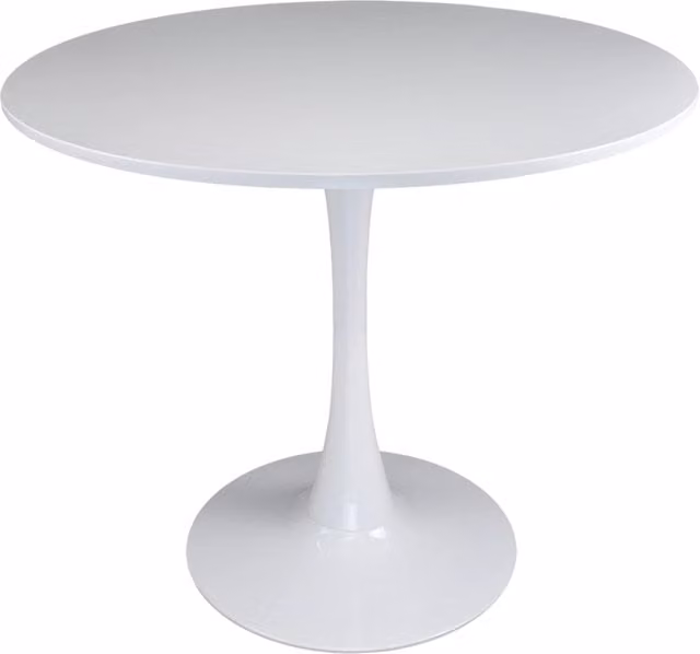 Tavolo da pranzo rotondo Samira bianco moderno con base centrale in metallo e piano in MDF laccato opaco, Diametro: 100 cm, Altezza: 74 cm