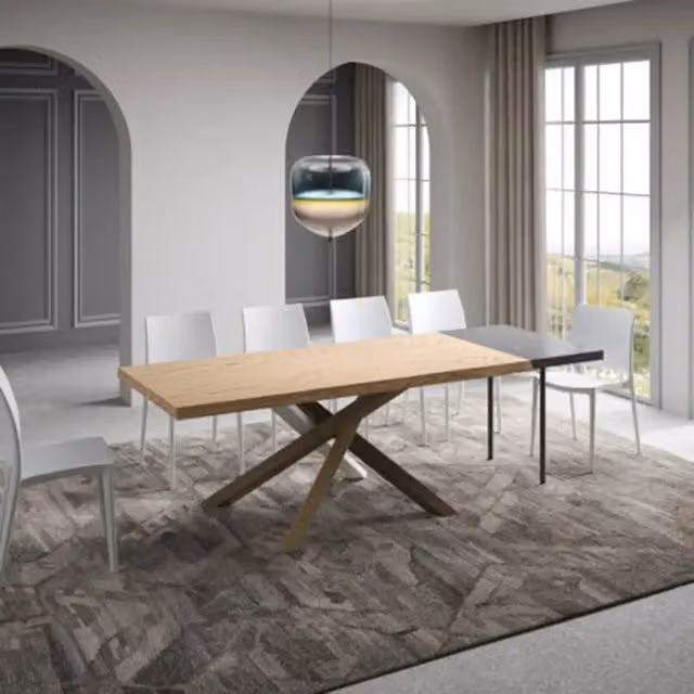 Tavolo allungabile Itamoby in legno di rovere con bordo live edge e gambe a X, L/P/H: 200-250 x 90 x 75 cm
