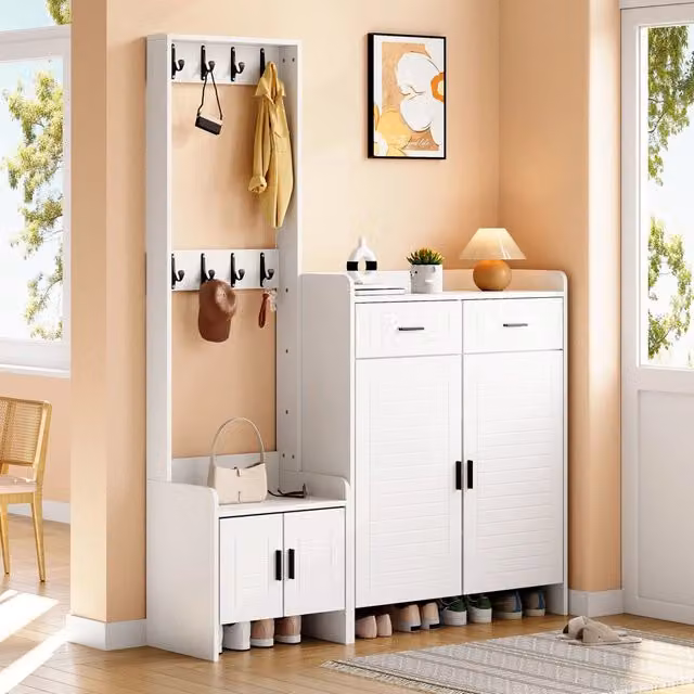 Set di mobili da ingresso MIVRAY bianco con 8 ganci, 2 ante, 2 cassetti e 6 ripiani in MDF e truciolare, L/P/H: 125 x 36 x 165 cm