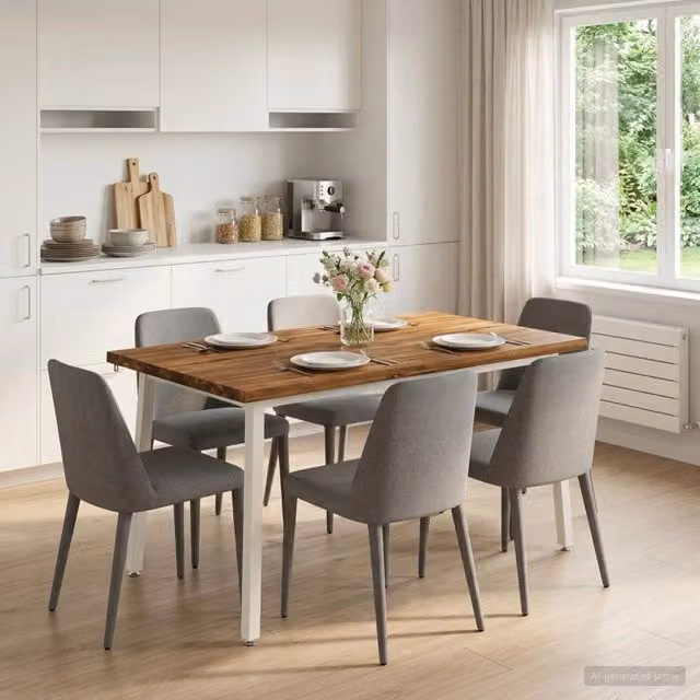 Tavolo da pranzo moderno vidaXL in legno di acacia con bordo vivo, L: 140 cm, P: 90 cm, H: 75 cm, Marrone e Bianco