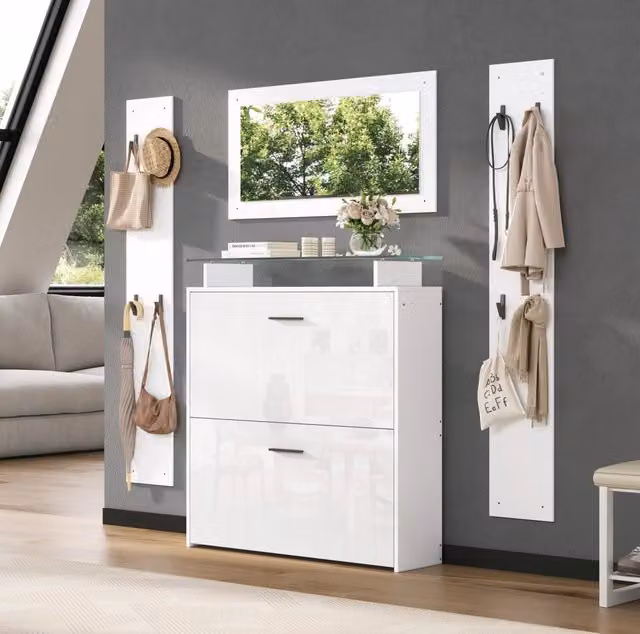 Set ingresso MODFU 4 pezzi con specchio e scarpiera, bianco opaco e vetro, L: 89,5 cm, P: 23 cm, H: 96,5 cm