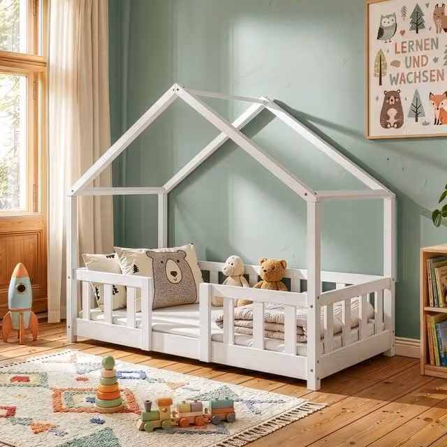 Letto per cameretta Treviolo en.casa a forma di casetta in stile Montessori in legno di pino laccato bianco L/P/H: 140 x 70 x 118 cm
