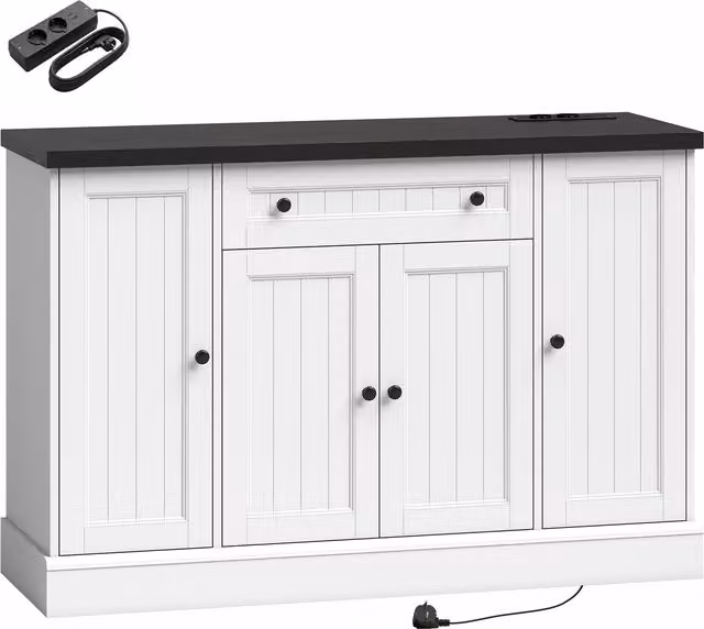 Credenza HOMCOM con Stazione di Ricarica, 4 Ante, Cassetto e Ripiani, Bianco e Nero, L: 120 cm, P: 37,7 cm, H: 40 cm