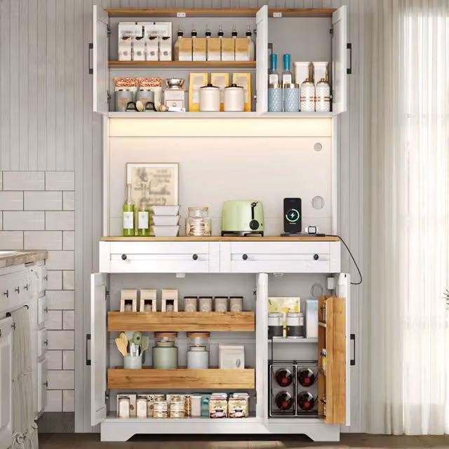 Mobile dispensa moderna in MDF bianco con illuminazione LED RGB, organizer estraibili, prese AC e USB, L/P/H: 100 x 40 x 180 cm