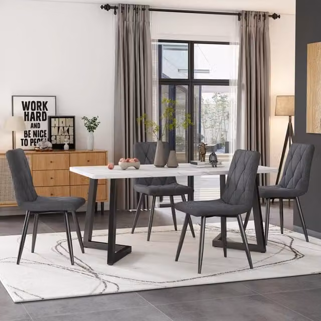 Set tavolo da pranzo Mivray con 4 sedie, piano in MDF effetto marmo bianco, sedute in tessuto di lino grigio scuro e gambe nere, L/P/H: 117 x 68 x 75 cm