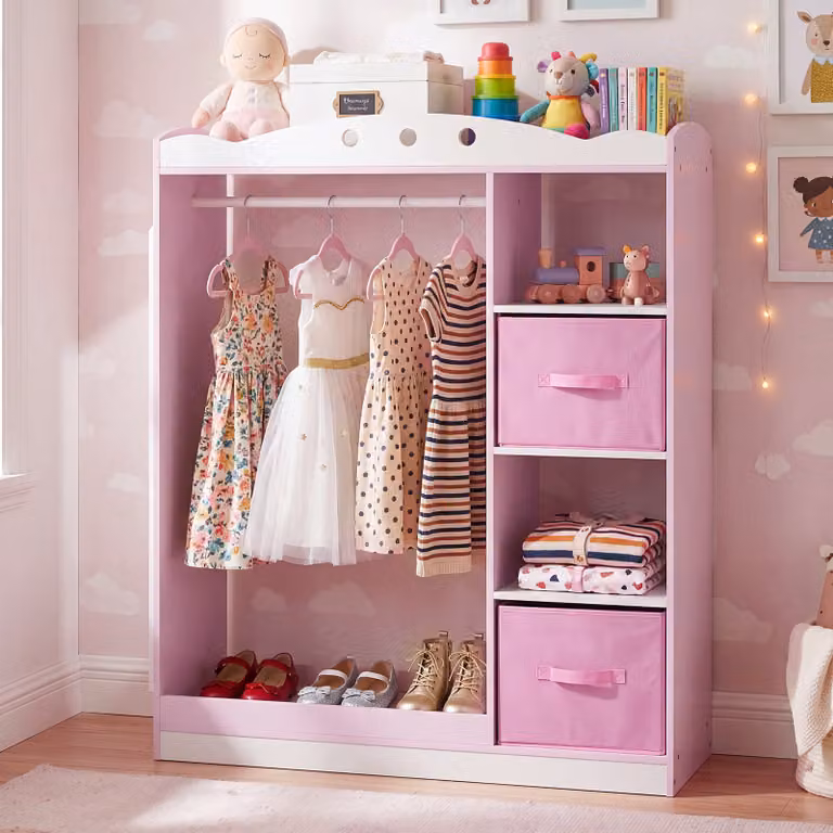 Costway Guardaroba per bambini con asta appendiabiti, 2 scaffali aperti e 2 cassetti pieghevoli, Rosa