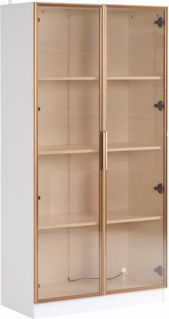 Vetrinetta Moderna con Ante in Vetro e Illuminazione Integrata, Ripiani Interni e Doppie Porte, L: 80 cm, P: 40 cm, H: 160 cm, Bianco e Marrone