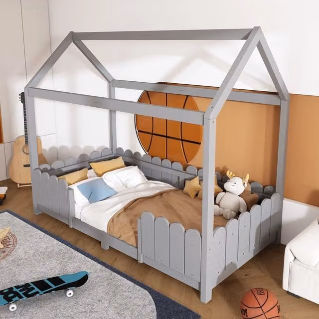 Letto a casetta Mivray per bambini in legno di pino grigio, L/P: 90 x 200 cm
