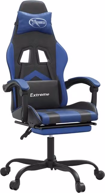 Sedia da Gaming Sportiva con Poggiapiedi e Riposatesta in Similpelle, Colore Nero e Blu