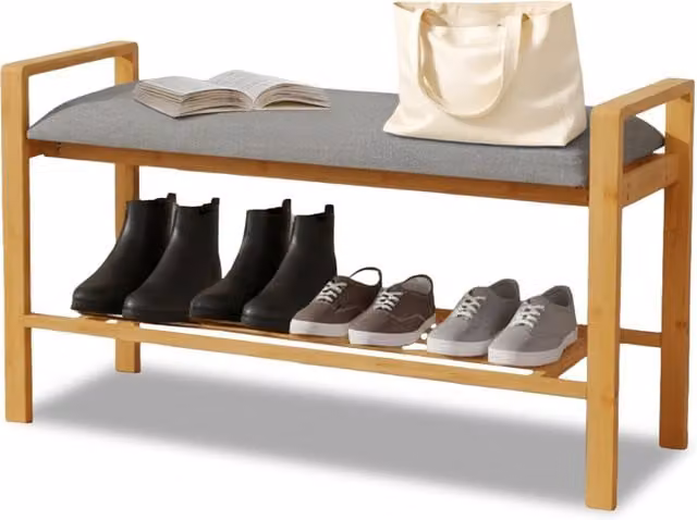 Panca Multifunzione Avilia Home in Bambù con Portascarpe e Seduta in Tessuto Grigio