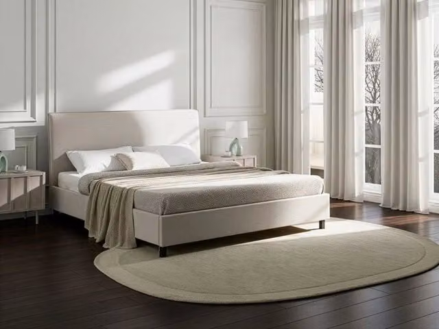 Letto Beliani in stile scandinavo con rivestimento in tessuto beige e gambe in legno di pioppo oliato, L/P/H: 216 x 180 x 106 cm