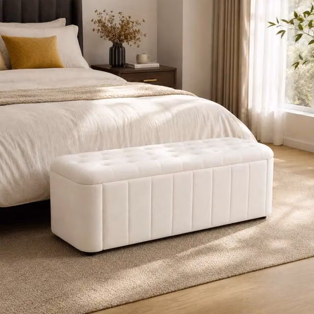 Panca contenitore OKWISH in velluto beige con seduta imbottita e angoli arrotondati per soggiorno, camera da letto o ingresso, L: 130 cm, P: 47 cm, H: 24 cm