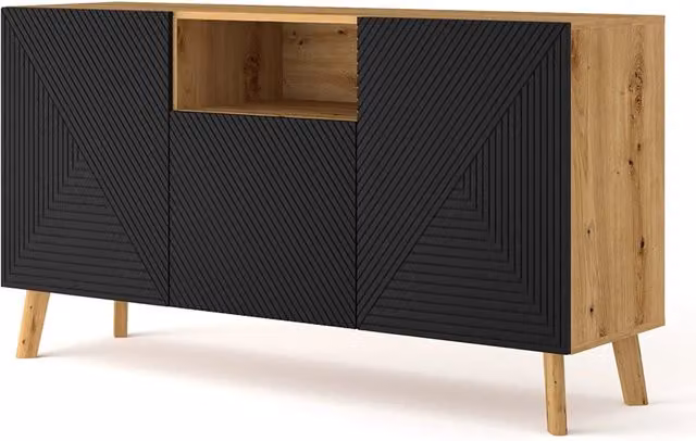 Cassettiera per soggiorno Luxi Bim Furniture in rovere e nero opaco L: 146 cm, P: 42 cm, H: 80 cm