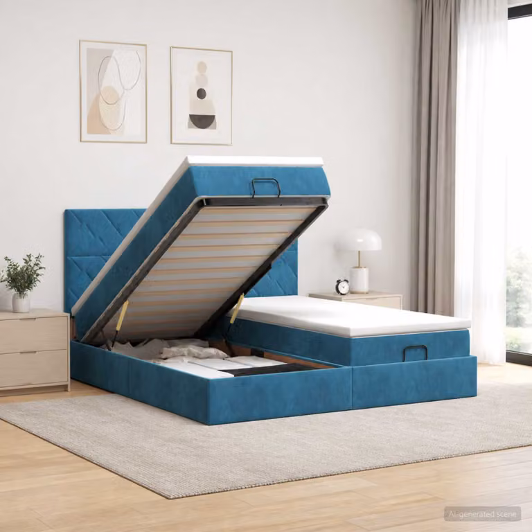 vidaXL Letto Ottomano Moderno in Velluto Blu con Materasso Ibrido e Illuminazione LED Sotto il Letto L: 200 cm, P: 200 cm, H: 88 cm