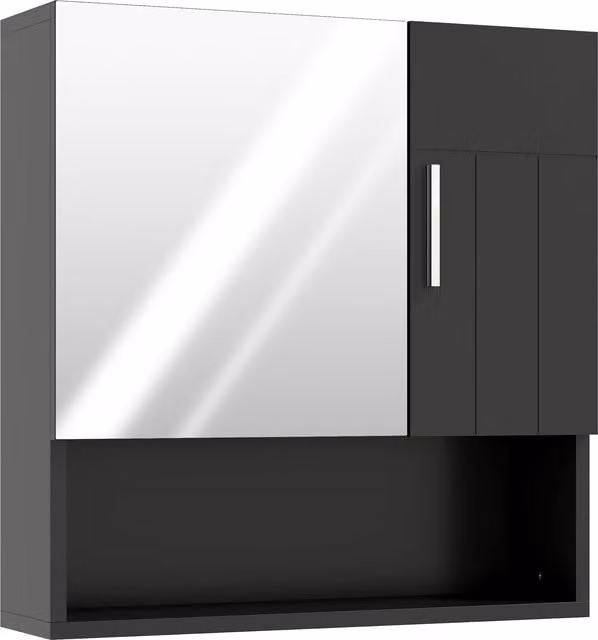 Armadietto Specchiera da Bagno kleankin in Legno con Mensole Regolabili e Ripiano Aperto, Nero, L: 54 cm, P: 15.2 cm, H: 55.3 cm