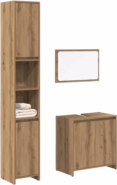 Set di mobili da bagno moderno vidaXL in legno color rovere composto da mobile lavabo, colonna alta e armadietto con specchio, L/P/H: 60 x 33 x 60 cm