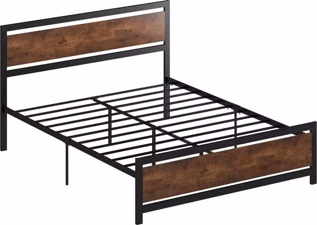 Struttura letto matrimoniale HOMCOM in acciaio con sommier e testiera, Marrone rustico, L: 167 cm, P: 208 cm, H: 103 cm