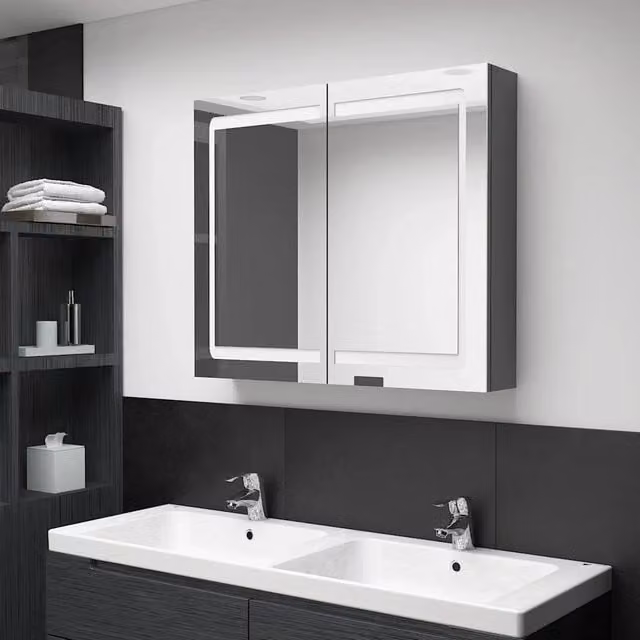 Armadietto da bagno moderno vidaXL con specchio e illuminazione LED integrata, grigio, L: 80 cm, P: 12 cm, H: 68 cm