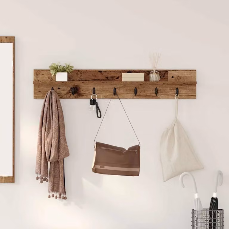 Appendiabiti a muro vidaXL in legno vecchio marrone con ganci, L 100 x P 10,5 x H 18 cm