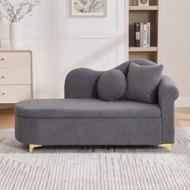 Chaise Longue REDOM con contenitore e funzione letto, colore grigio, con 2 cuscini, L: 134 cm, P: 64 cm, H: 70 cm