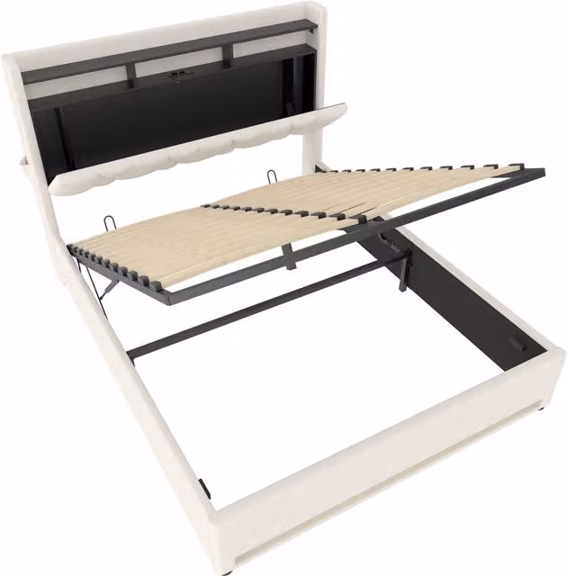 Letto imbottito Gomyway con testiera LED, porta USB e vano contenitore con pistone a gas, L/P: 160 x 200 cm, Beige