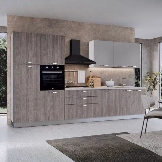 Cucina moderna Veriaffari Iris con elettrodomestici da incasso, colore grigio e bianco, larghezza: 360 cm
