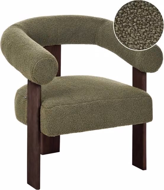 Poltrona design retrò BELIANI in tessuto bouclé verde e marrone scuro con gambe in legno per il tuo soggiorno