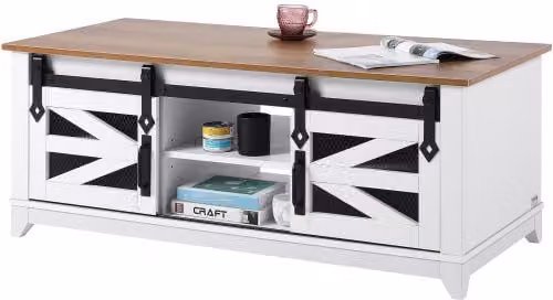 VEVOR Tavolino da Caffè Rettangolare in Legno Stile Rustico con 2 Ante Scorrevoli e Ripiani Rimovibili, Bianco e Beige, L: 121 cm