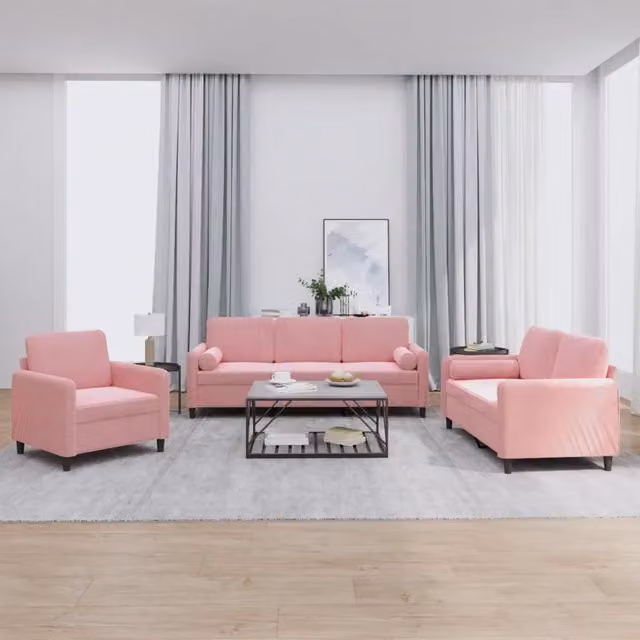 Set di divani 3 pezzi vidaXL in velluto rosa con cuscini per soggiorno moderno L/P/H: 198 x 77 x 80 cm