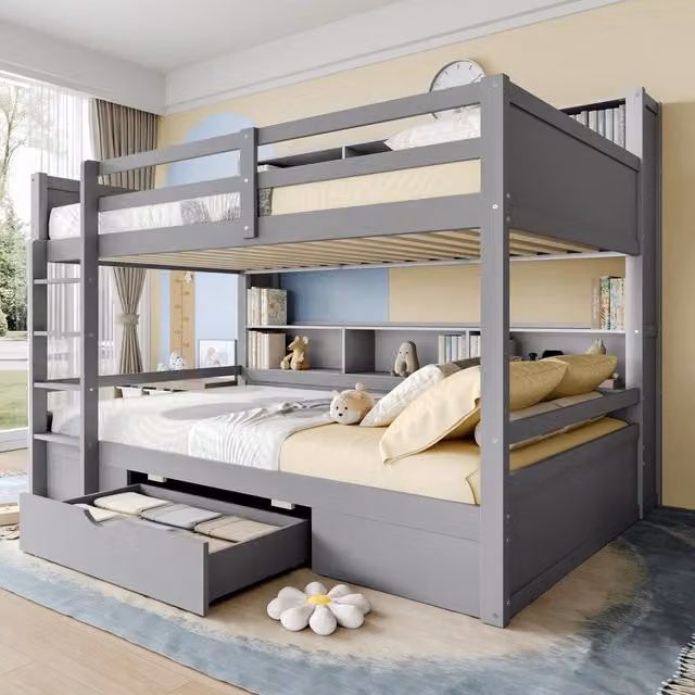 Letto a castello Mivray a due livelli in legno di pino e MDF grigio con ripiani laterali L: 90 cm, P: 200 cm, H: 175 cm