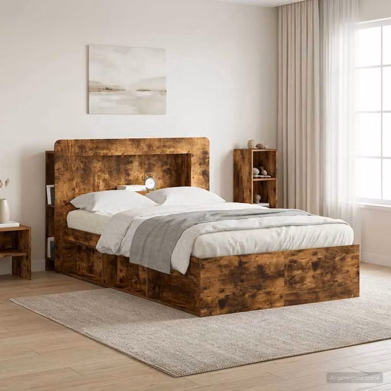 Testata del letto moderna vidaXL in legno ingegnerizzato Rovere Fumo con ripiani integrati, L: 119,5 cm, H: 100 cm, P: 18,5 cm