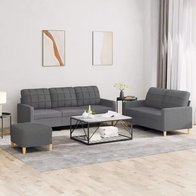 Set di divani moderno vidaXL composto da divano a 3 posti, divano a 2 posti e pouf in tessuto grigio con cuscini inclusi