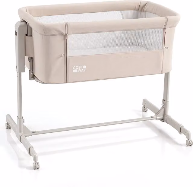Culla per neonati DESIGN IN con 6 livelli di altezza regolabile, funzione dondolo, 4 ruote con freno e piedini estensibili, Beige
