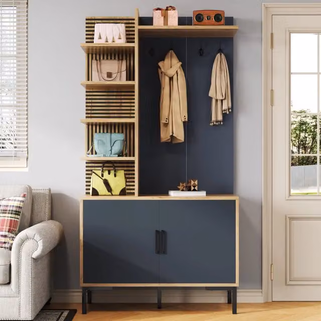 Set di mobili da ingresso MIVRAY in stile industrial con ganci e ripiani regolabili, colore nero e marrone, L 100 x P 40 x H 190.5 cm