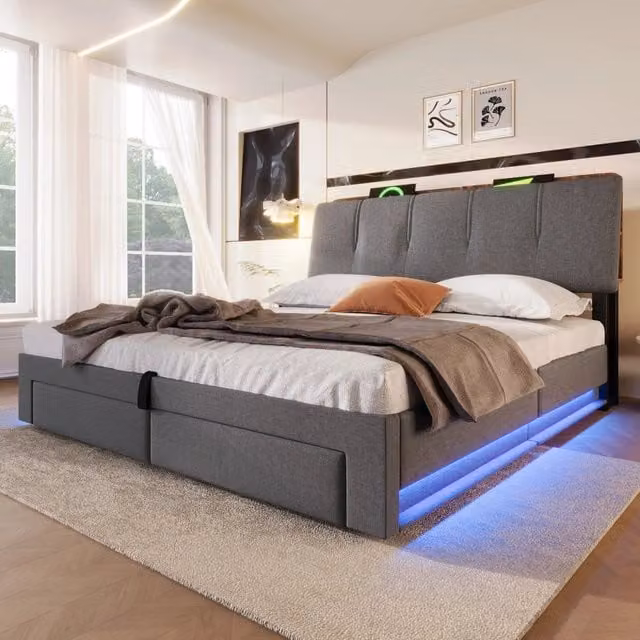 Letto contenitore matrimoniale OKWISH in tessuto grigio con base a sollevamento, illuminazione LED sottostante, porte di ricarica USB e Type-C, L/P/H: 140 x 200 x 107 cm