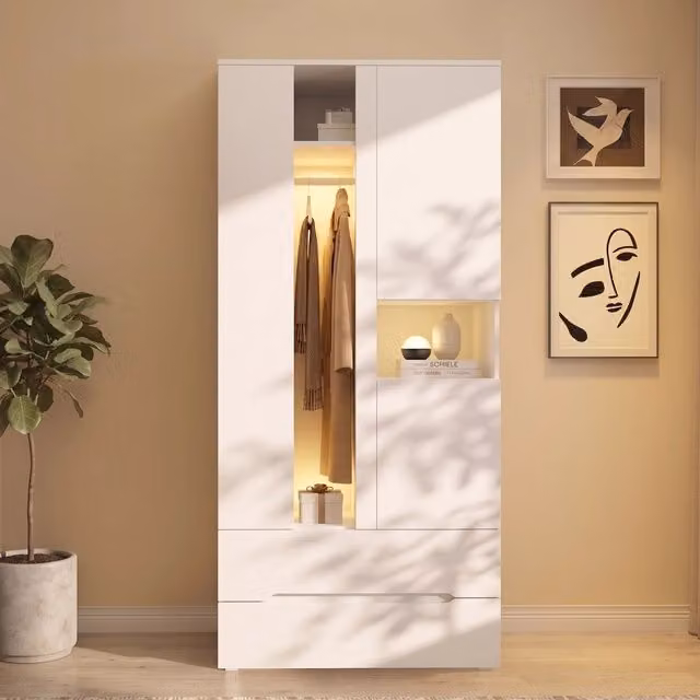Armadio Bianco Moderno Vovees Living con Ante in Vetro, Luci LED Integrate, Ripiani e Barra Appendiabiti, L/P/H: 90 x 50 x 200 cm