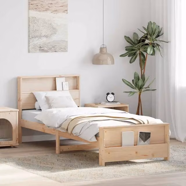 Letto singolo per adulti in legno di pino marrone e beige con struttura in doghe fisse e design minimalista L/P: 190 x 90 cm