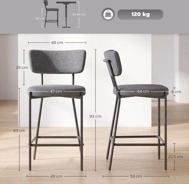 Set di 2 sgabelli da bar MIVRAY con schienale curvo in poliestere grigio e poggiapiedi, H 93 x L 49 x P 53 cm