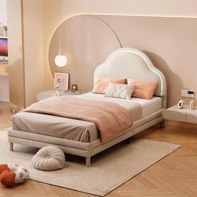 Letto Imbottito Aosom Italy con Testiera a Forma di Nuvola in Velluto, Striscia LED e Doghe in Legno, Bianco, 90x200 cm