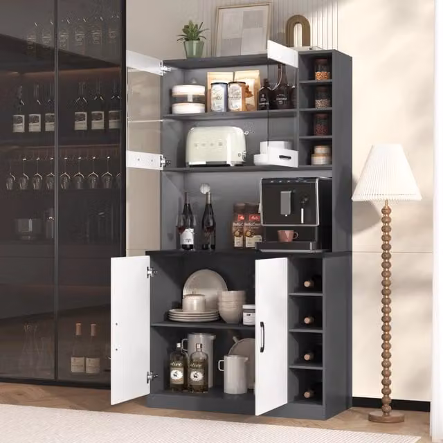 Armadio da cucina REDOM moderno in MDF grigio e bianco con ante a battente, illuminazione integrata e ripiani interni, L 100 cm x P 47 cm x H 187 cm