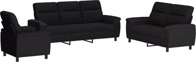 Set di divani moderno vidaXL composto da un divano a 3 posti, un divano a 2 posti e una poltrona, colore nero in tessuto con struttura in metallo e cuscini inclusi