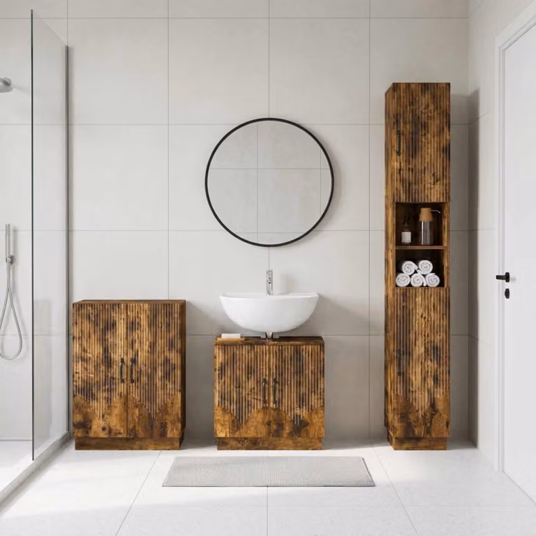 Set di armadietti da bagno moderni vidaXL HOORN in 3 pezzi, Rovere Fumo, marrone opaco